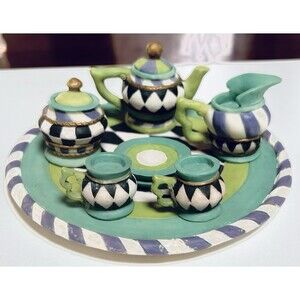 Vintage Miniature Tea Set  Rare Harlequin Design Resin 9 Pieces 1997 Young’s Inc